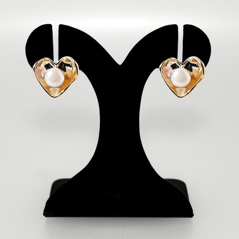 Gold Heart With Pearls Stud Earrings