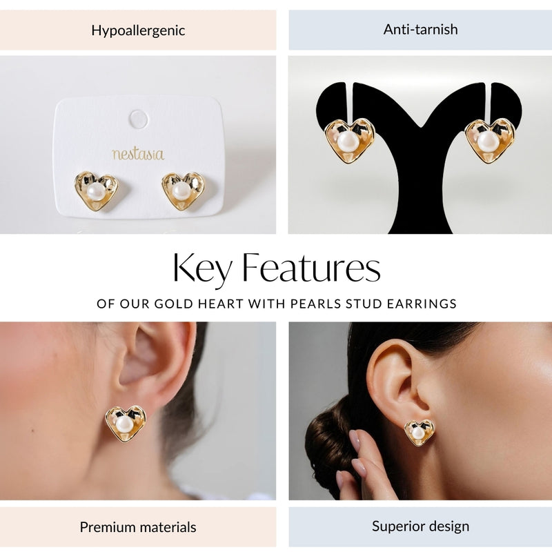 Gold Heart With Pearls Stud Earrings