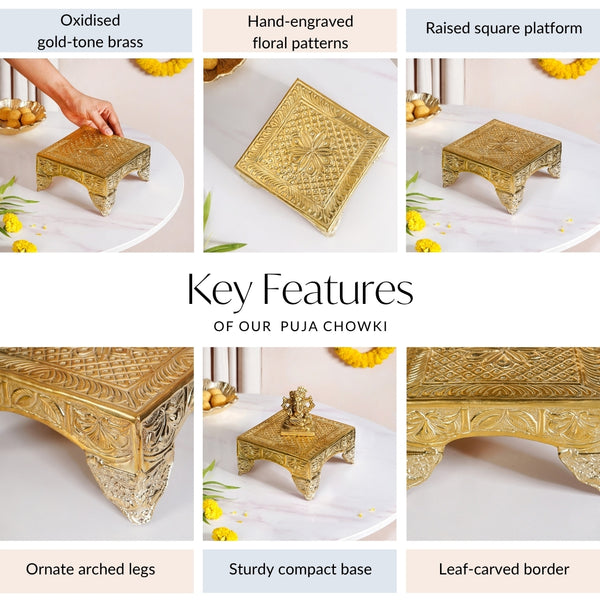 Gold Puja Chowki Small 16x16cm