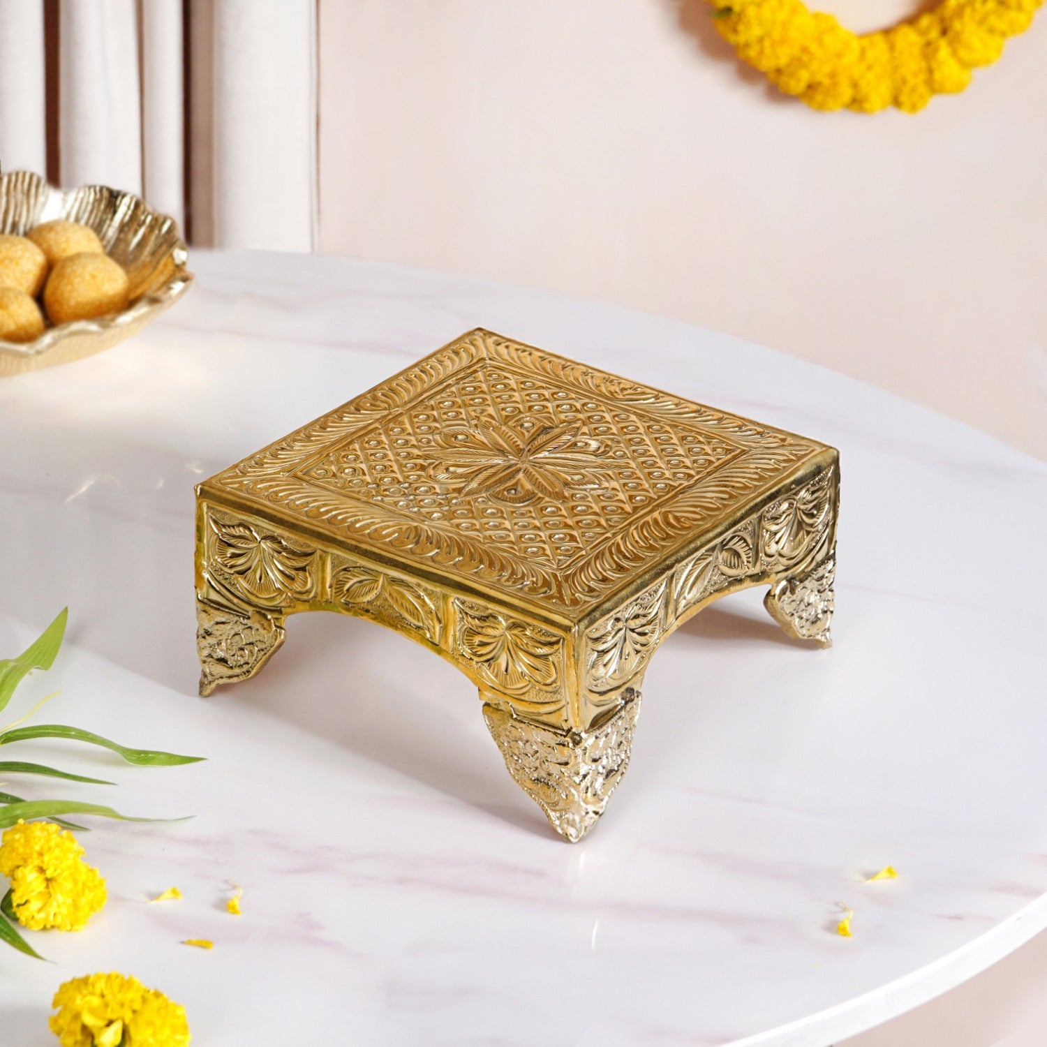 Gold Puja Chowki Small 16x16cm