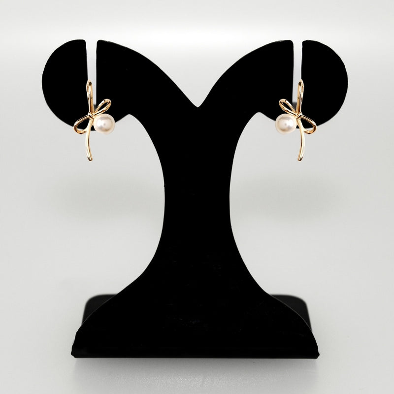 Gold Bow Pearl Drop Earrings
