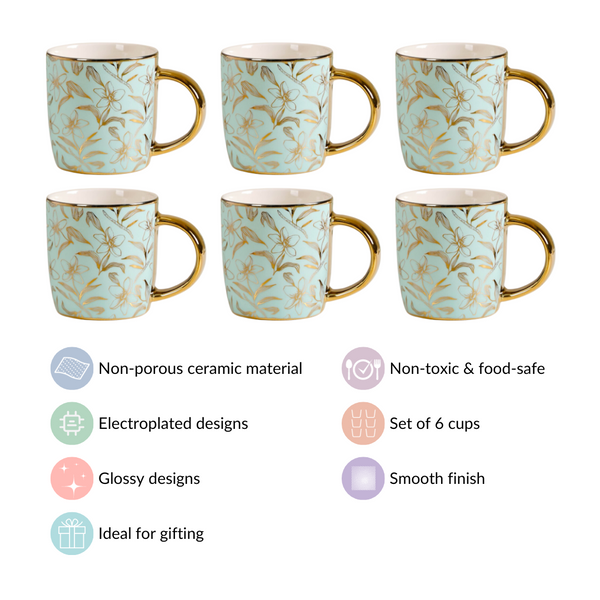 Matte Mint Gold Floral Coffee Cup Set of 6 350ml