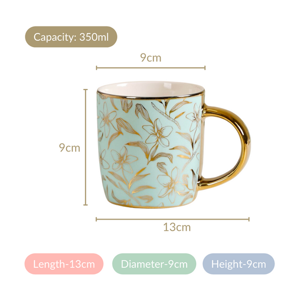Matte Mint Gold Floral Coffee Cup Set of 6 350ml