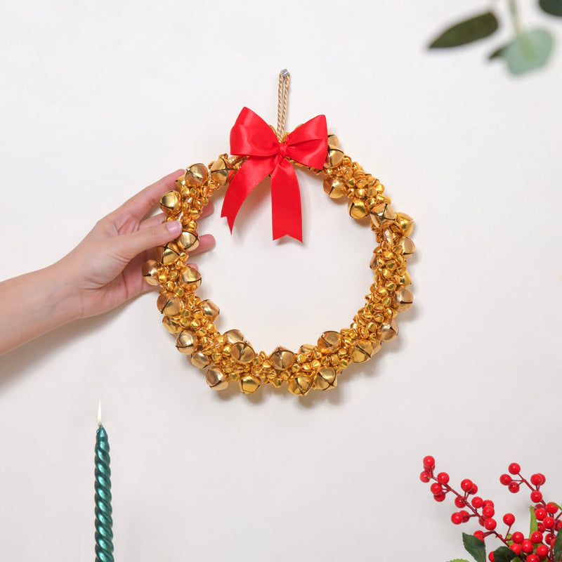 Gold Wreath With Bells 8 Inch - Gold Wreath With Bells 8 Inch, Festive Gold Wreath, Decorative Gold Bell Wreath, Holiday Gold Wreath