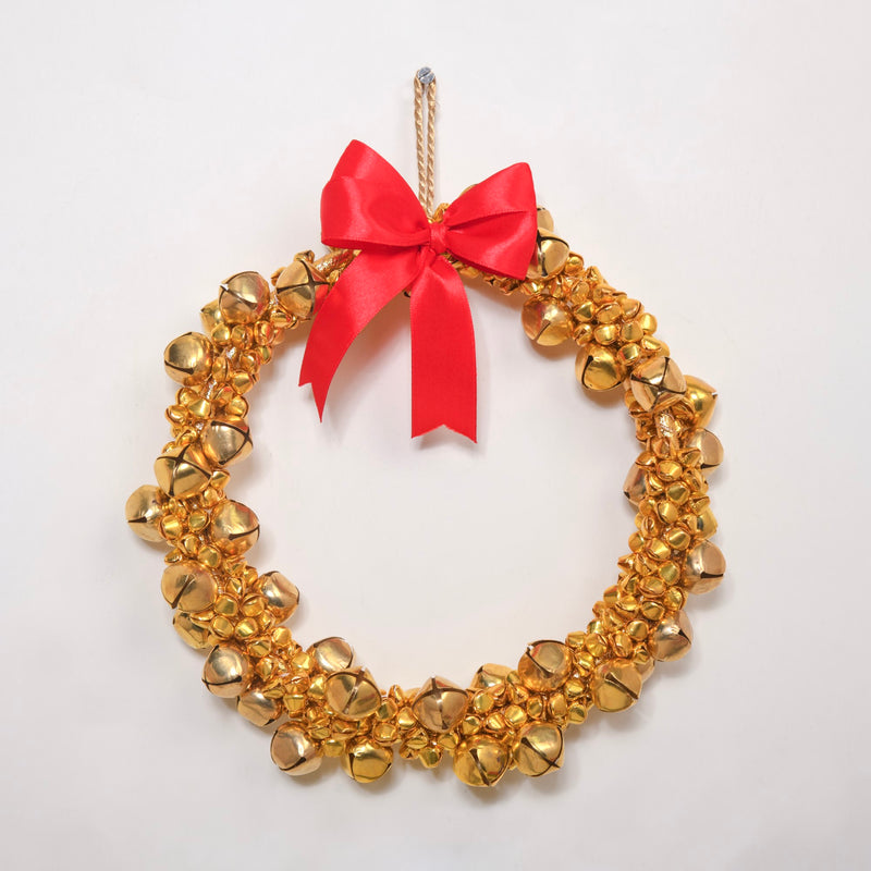 Gold Wreath With Bells 8 Inch - Gold Wreath With Bells 8 Inch, Festive Gold Wreath, Decorative Gold Bell Wreath, Holiday Gold Wreath