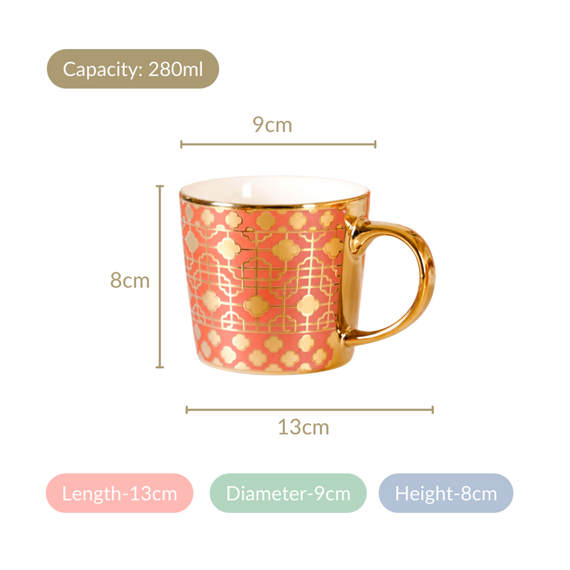 Emirati Gold Teacup Set of 6 Coral Pink 280ml - Coffee mugs, ceramic mug set, coffee mug set, printed coffee mugs, metallic mugs