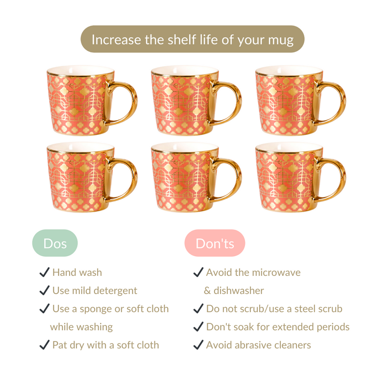Emirati Gold Teacup Set of 6 Coral Pink 280ml - Coffee mugs, ceramic mug set, coffee mug set, printed coffee mugs, metallic mugs