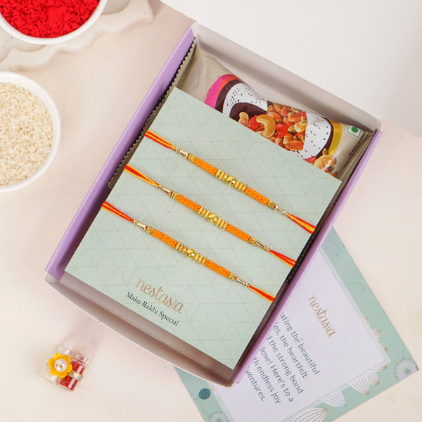 Golden Beads Orange Rakhi Gift Set