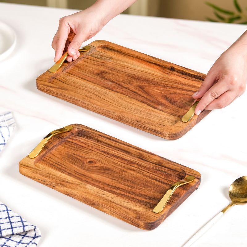 Golden Touch Rectangle Wooden ServingTray Set Of 2