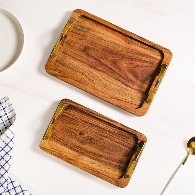 Golden Touch Rectangle Wooden ServingTray Set Of 2