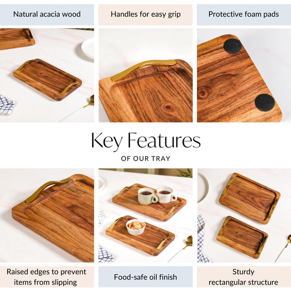 Rectangle Wooden Serving Tray With Gold Handles Set Of 2