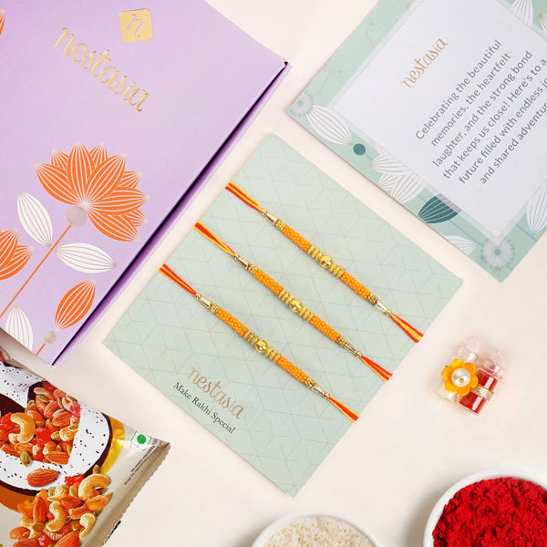 Golden Beads Orange Rakhi Gift Set