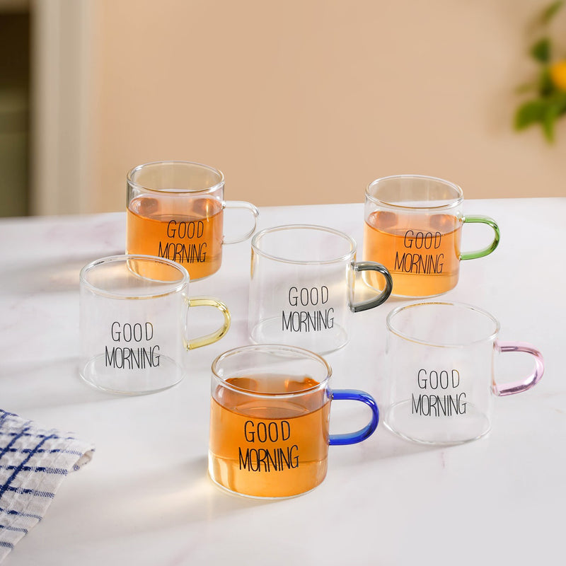 Good Morning Multicolour Handle Tea Cups Set Of 6 130ml