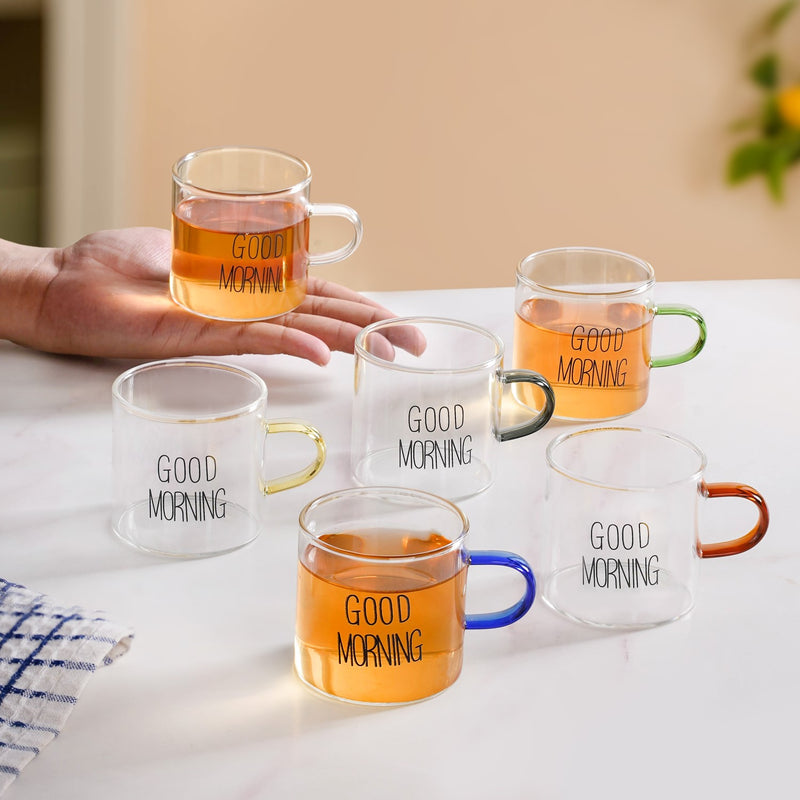 Good Morning Multicolour Handle Tea Cups Set Of 6 130ml