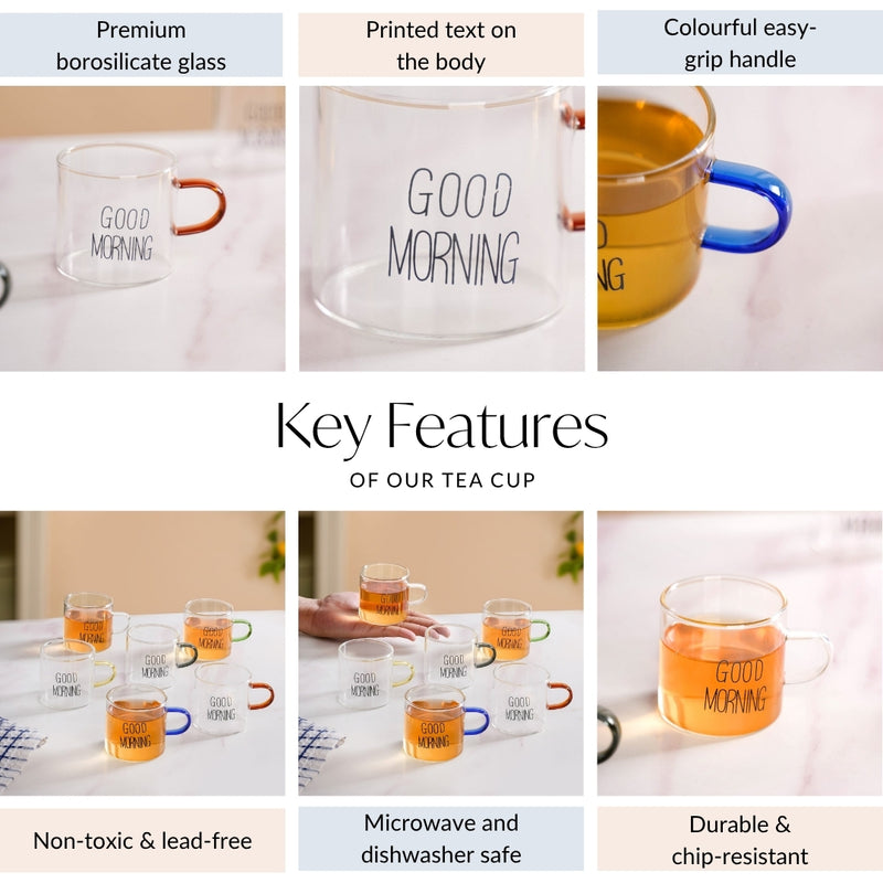 Good Morning Multicolour Handle Tea Cups Set Of 6 130ml