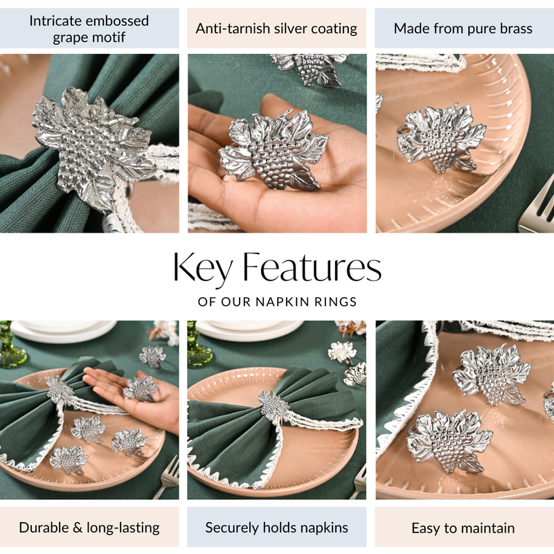 Grapes Pure Brass Napkin Ring With Silver Polish Set Of 6