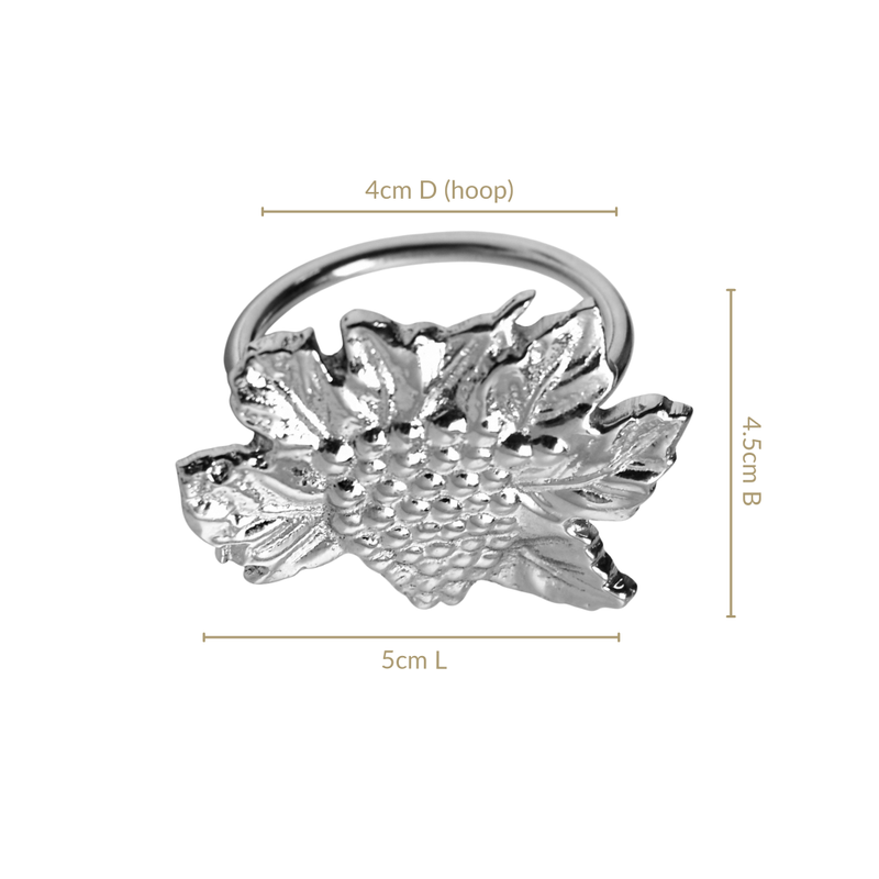 Grapes Pure Brass Napkin Ring With Silver Polish Set Of 6