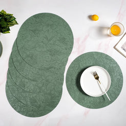 Green Embossed Hibiscus Round Placemats Set Of 6