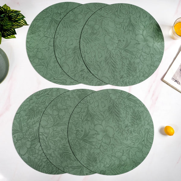 Green Embossed Hibiscus Round Placemats Set Of 6