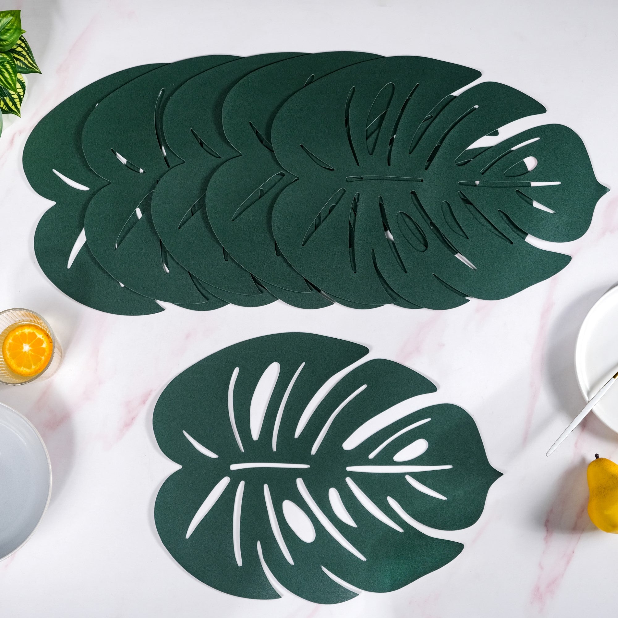 Green Laser Cut Monstera Leaf Table Mat Set Of 6 Online - Premium Table ...