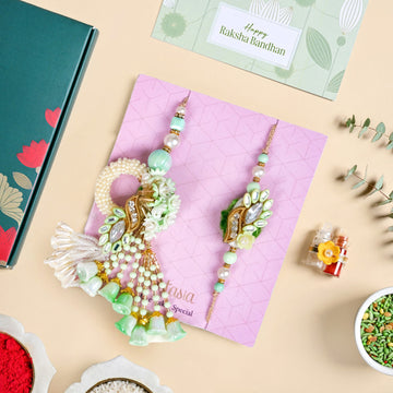 Green Pearl Beaded Rakhi And Lumba Set