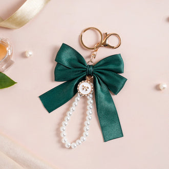 Green Satin Bow Keyring With Metal Hooks