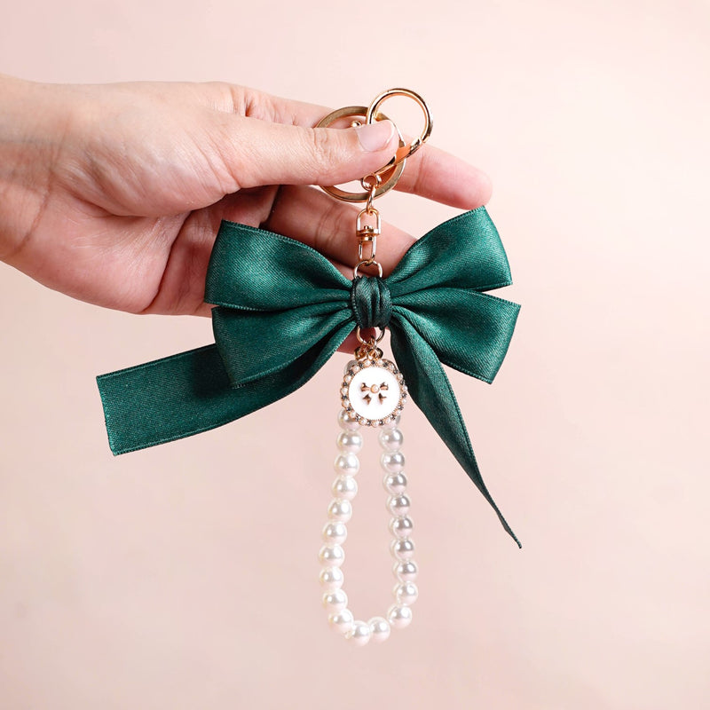 Green Satin Bow Keyring With Metal Hooks