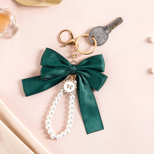 Green Satin Bow Keyring With Metal Hooks