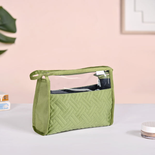 Green Velvet Transparent Travel Pouch Set Of 2