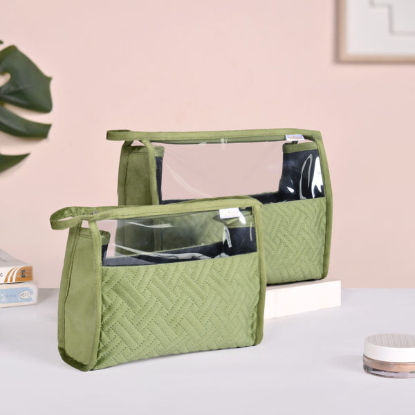 Green Velvet Transparent Travel Pouch Set Of 2