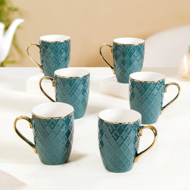 Checks Embossed Cup Set of 6 Green 330ml - Coffee mugs, ceramic mugs, coffee mug set, green mugs