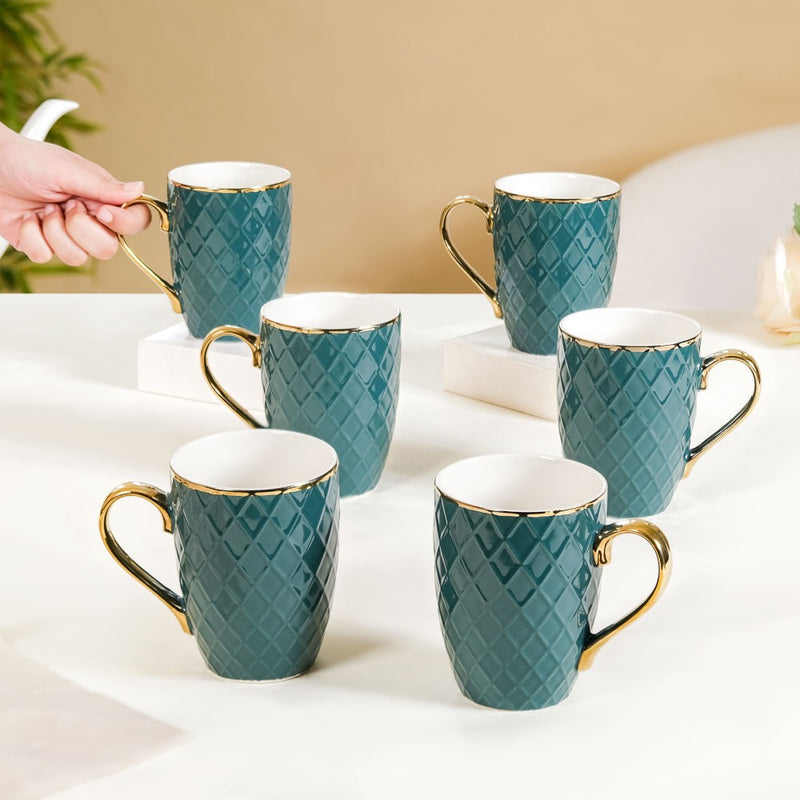 Checks Embossed Cup Set of 6 Green 330ml - Coffee mugs, ceramic mugs, coffee mug set, green mugs