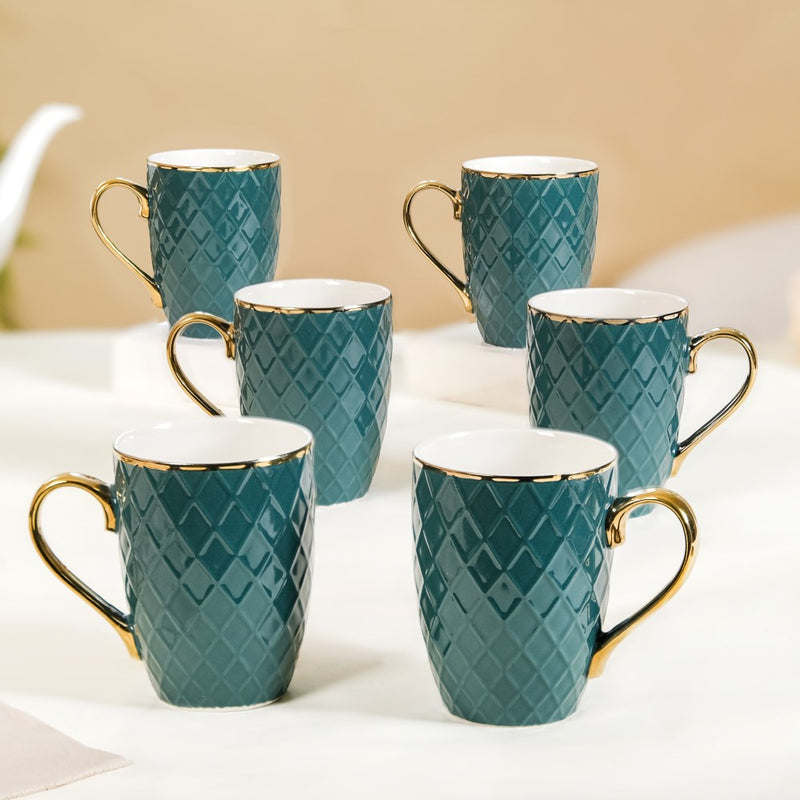Checks Embossed Cup Set of 6 Green 330ml - Coffee mugs, ceramic mugs, coffee mug set, green mugs