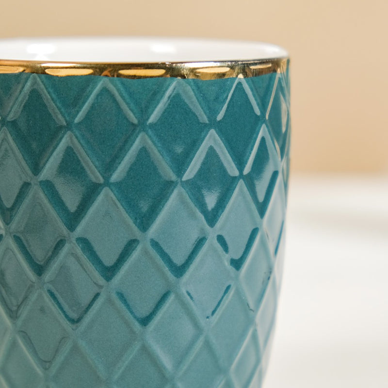 Checks Embossed Cup Set of 6 Green 330ml - Coffee mugs, ceramic mugs, coffee mug set, green mugs