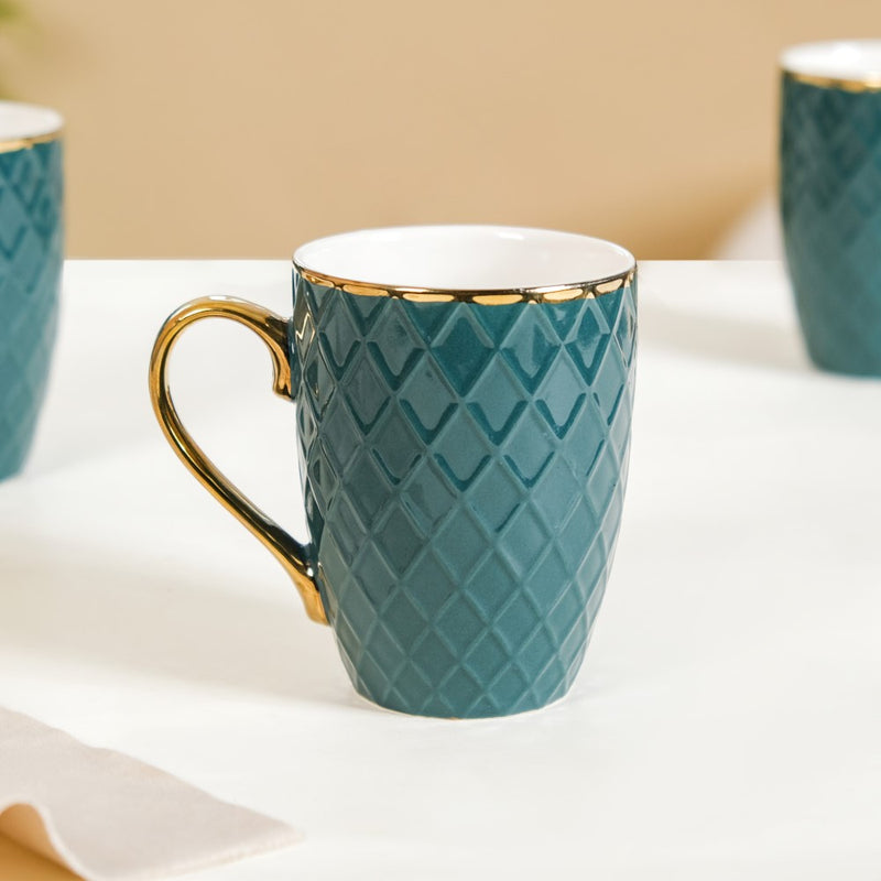 Checks Embossed Cup Set of 6 Green 330ml - Coffee mugs, ceramic mugs, coffee mug set, green mugs