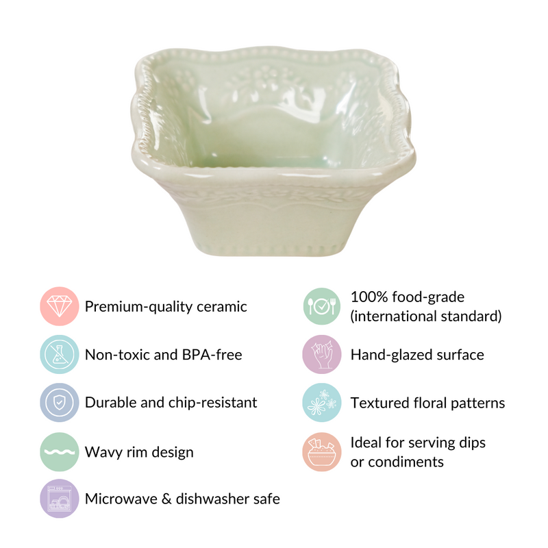 Pastel Vintage Square Dip Bowl Set Of 6 Green 60ml - Dip bowls, mini bowls, dip bowls set, ceramic dip bowls, small ceramic bowls, condiment bowls