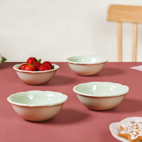 Green Floral Pattern Round Ceramic Bowl Set Of 4 150ml