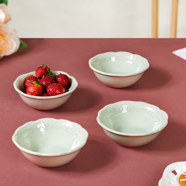 Green Floral Pattern Round Ceramic Bowl Set Of 4 150ml