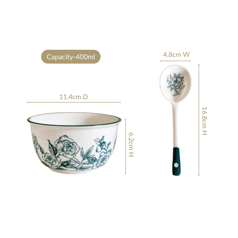 Green And White Ceramic Rose Bowl With Spoon Set Of 4 400ml