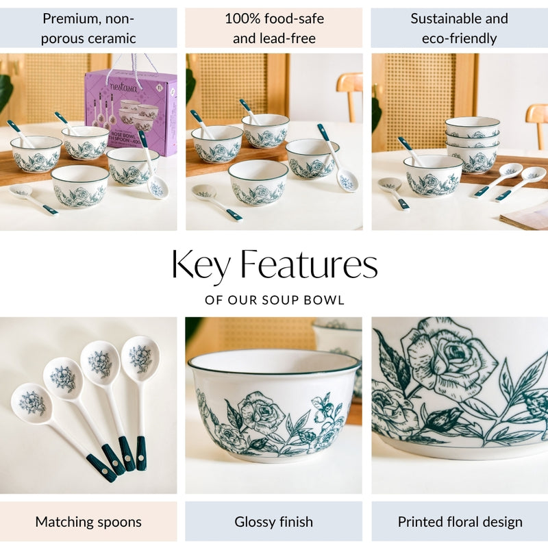 Green And White Ceramic Rose Bowl With Spoon Set Of 4 400ml