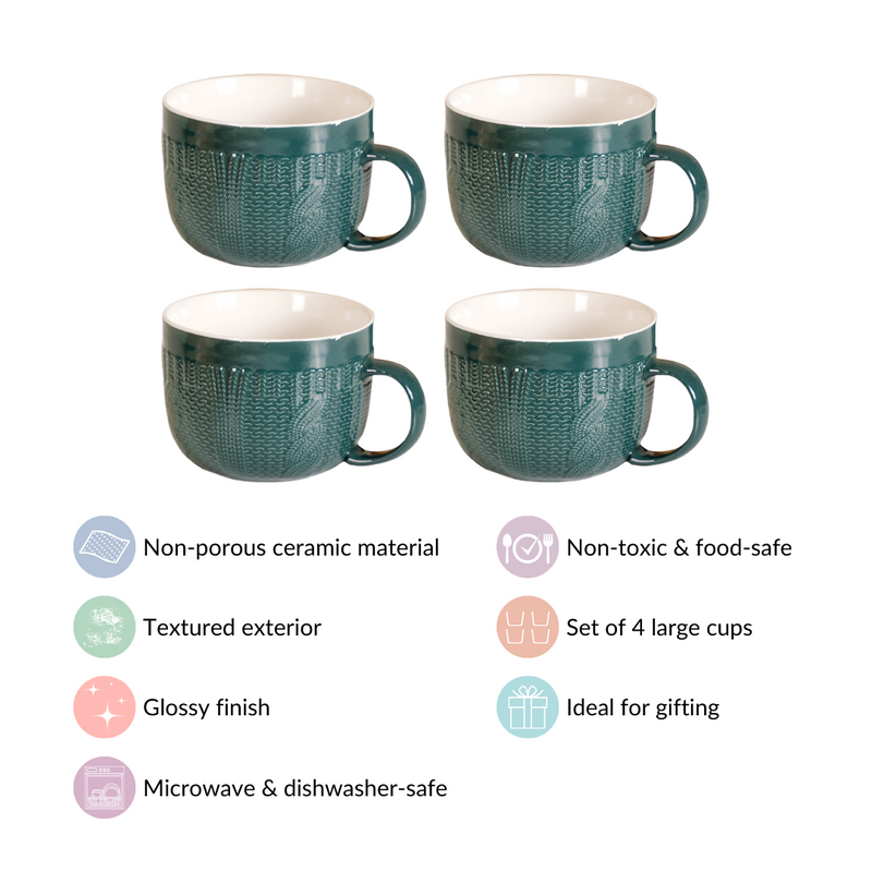 Knitted Texture Green Cappuccino Cup Set of 4 Large 490ml - Coffee mugs, coffee mug set, ceramic coffee mugs