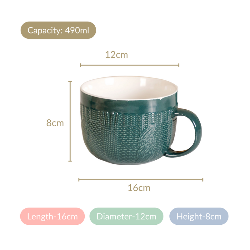 Knitted Texture Green Cappuccino Cup Set of 4 Large 490ml - Coffee mugs, coffee mug set, ceramic coffee mugs