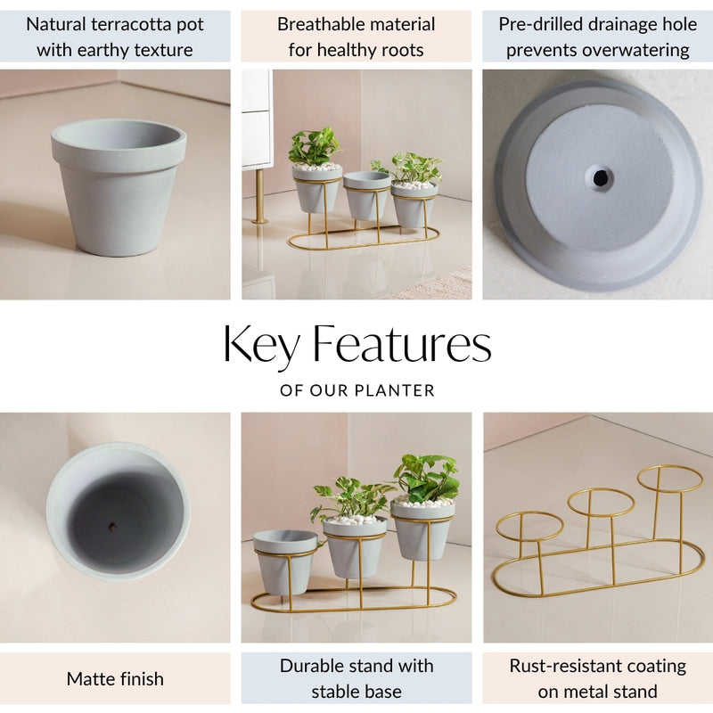 Grey Triple Planter With Gold Metal Stand