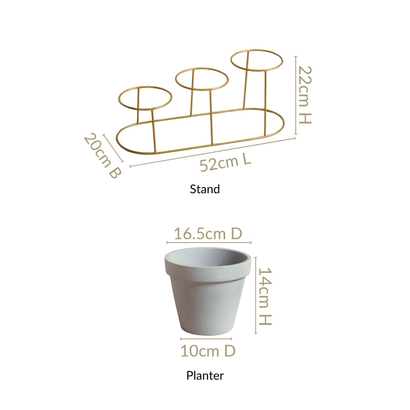 Grey Triple Planter With Gold Metal Stand