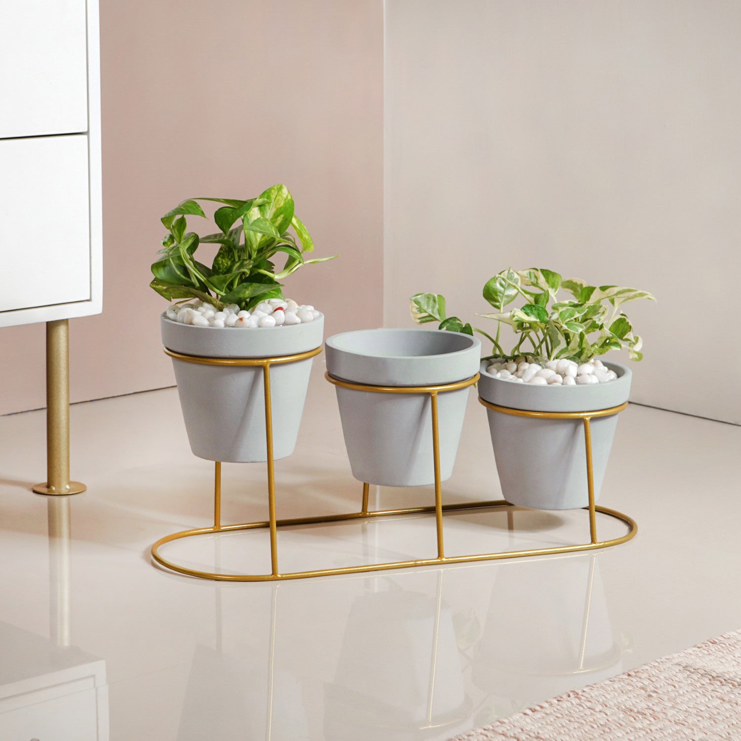 grey and gold plant pot Grey Triple Planter With Gold Metal Stand Online - Premium Planter