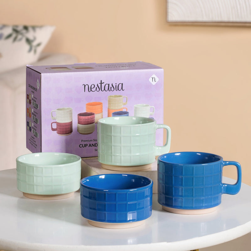 Gridstone Ceramic Cup And Bowl Set Of 4 In Blue And Mint