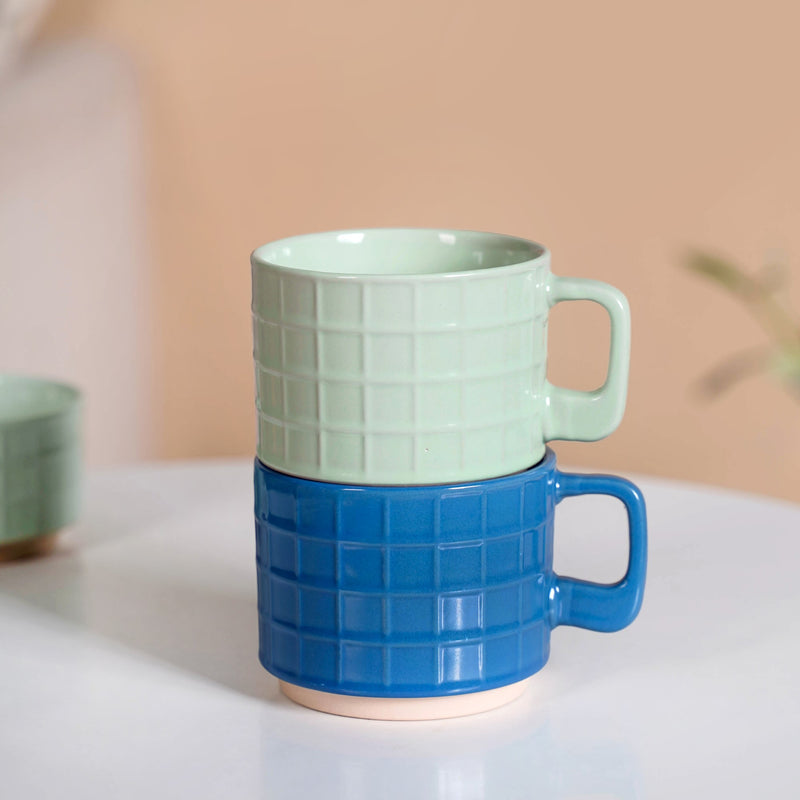 Stackable Pop Colour Ceramic 2 Cup 2 Bowl Set Blue Mint