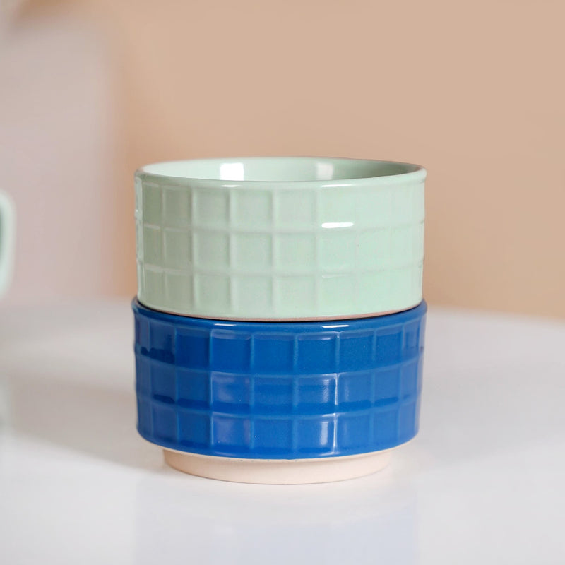 Stackable Pop Colour Ceramic 2 Cup 2 Bowl Set Blue Mint