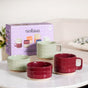 Gridstone Ceramic Cup and Bowl Set Of 4 In Maroon And Mint