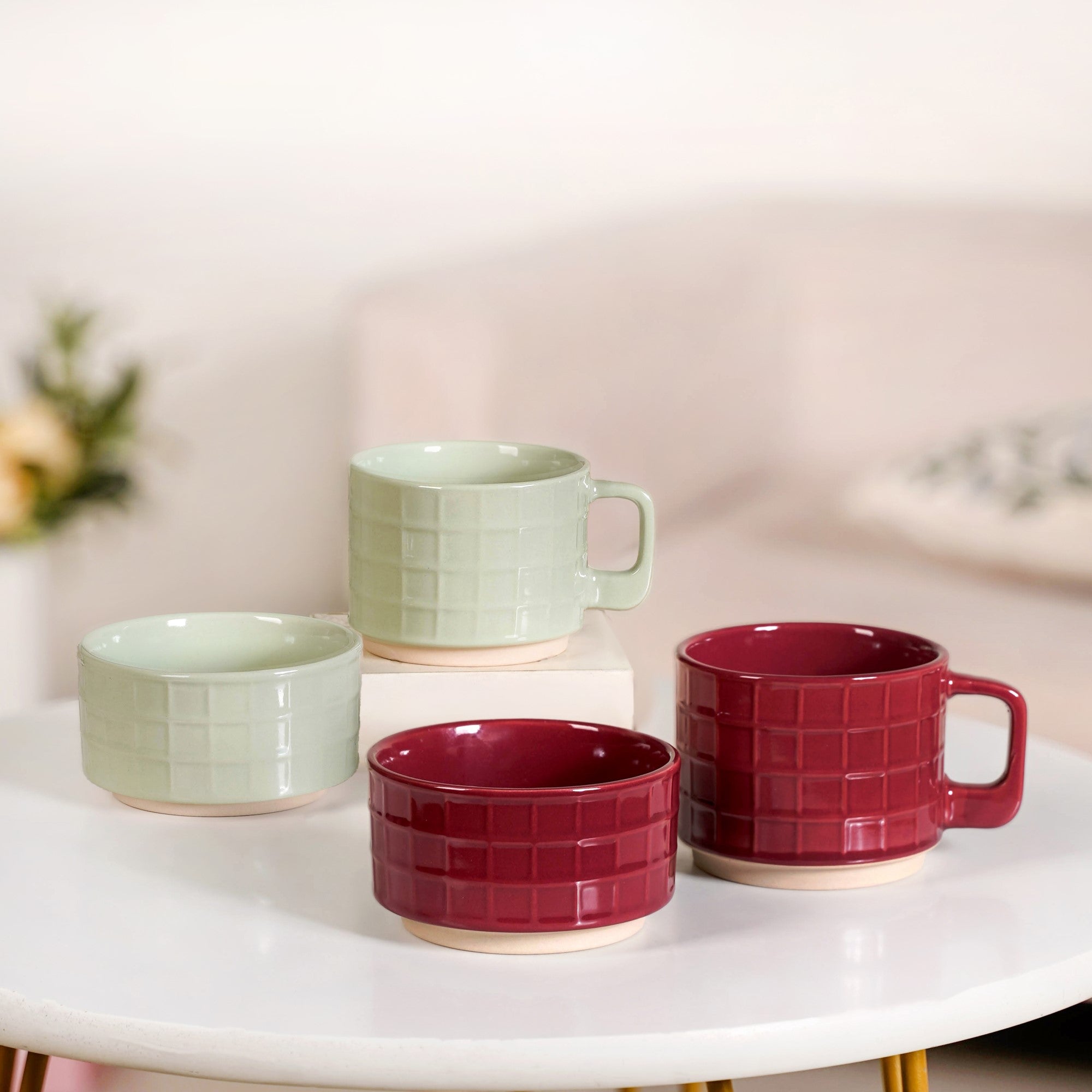 Tartan Stackable Ceramic 2 Cup 2 Bowl Set Mint Maroon